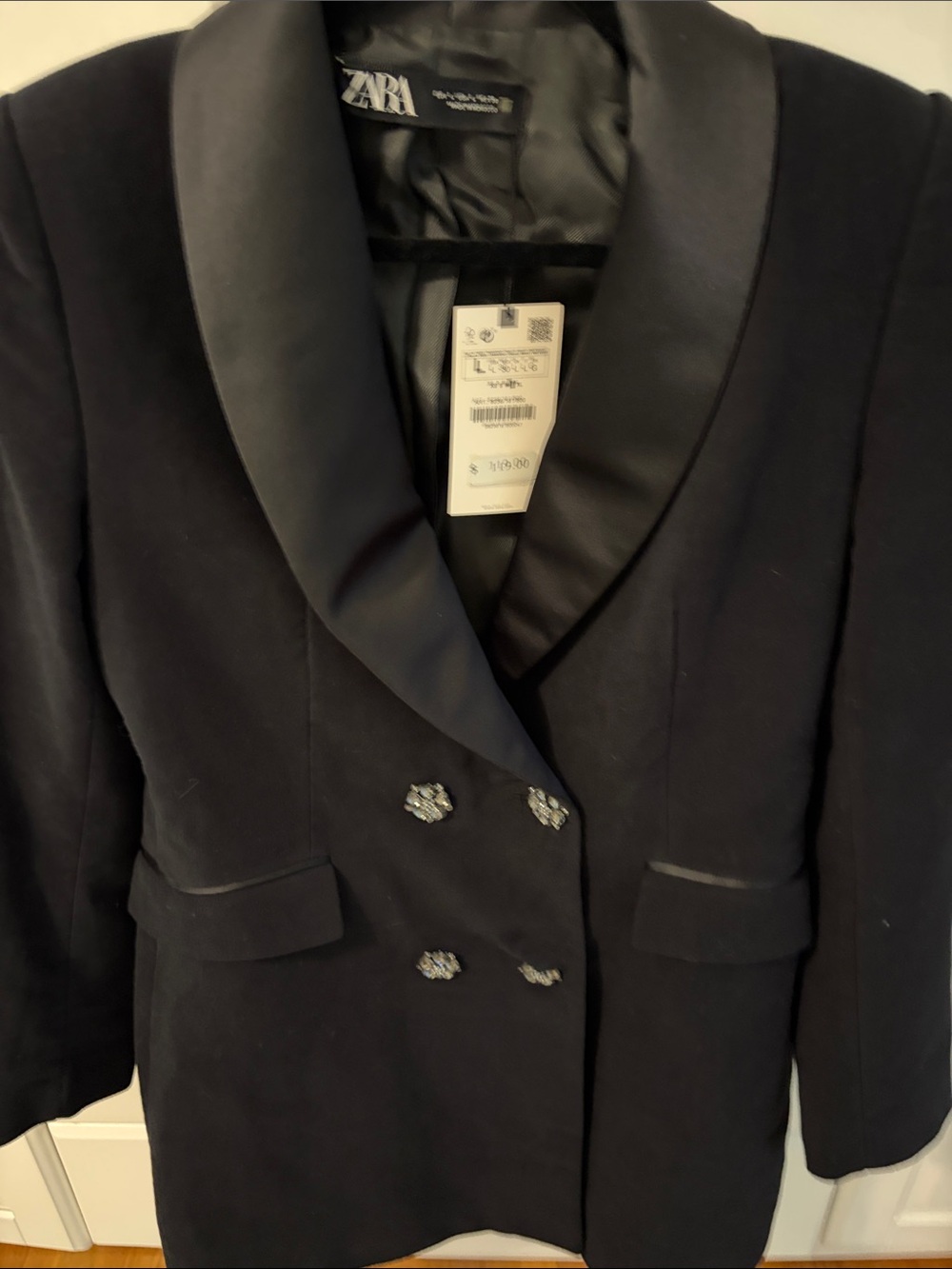 NWT Zara Black Double-Breasted Satin Lapel Tuxedo Blazer , size Large